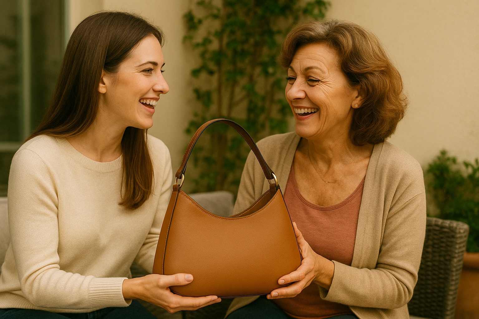 Smiling woman holding Italian purse in Florence