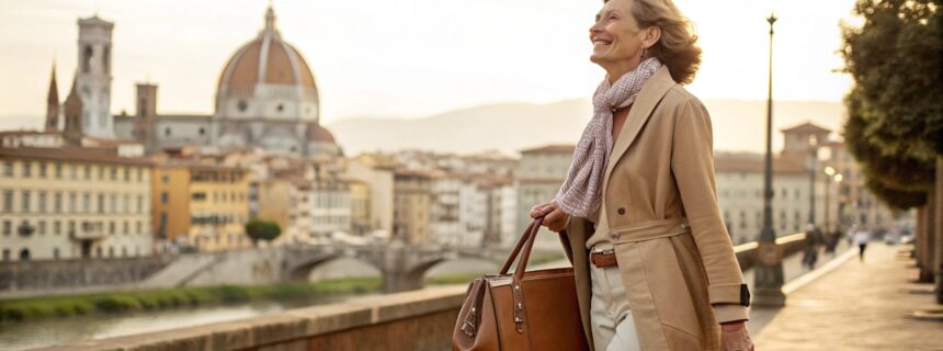 Elegant middle-aged woman smiling while walking in Florence with an Italian leather handbag – perfect Mother’s Day gift idea