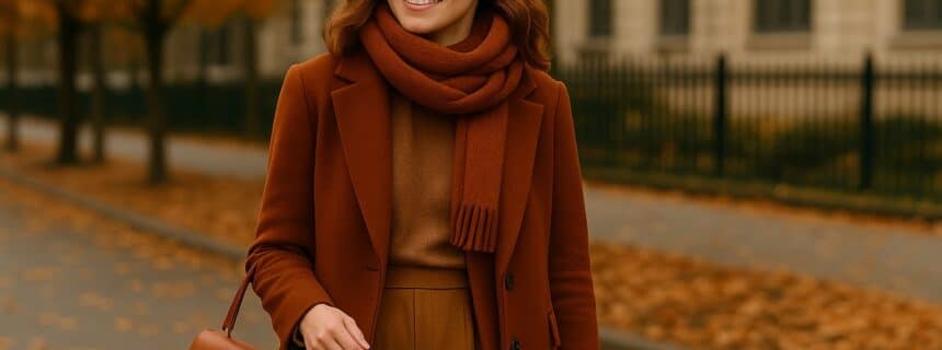 A woman wearing a rust coat and holding an Italian handmade leather handbag from Florence Leather Market.