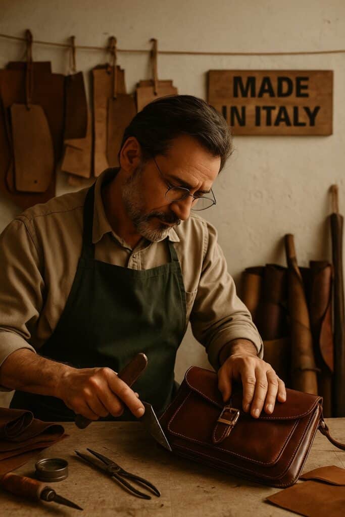 Italian artisan crafting a leather bag in his Florence workshop, representing Made in Italy tradition.