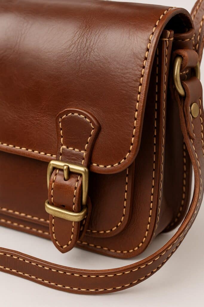 Close-up of an Italian handmade leather bag showing fine stitching and brass buckle details, crafted in Florence.