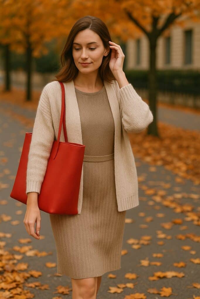 A stylish woman walking through an autumn street carrying a red Italian leather tote bag, pairing elegance with comfort.
